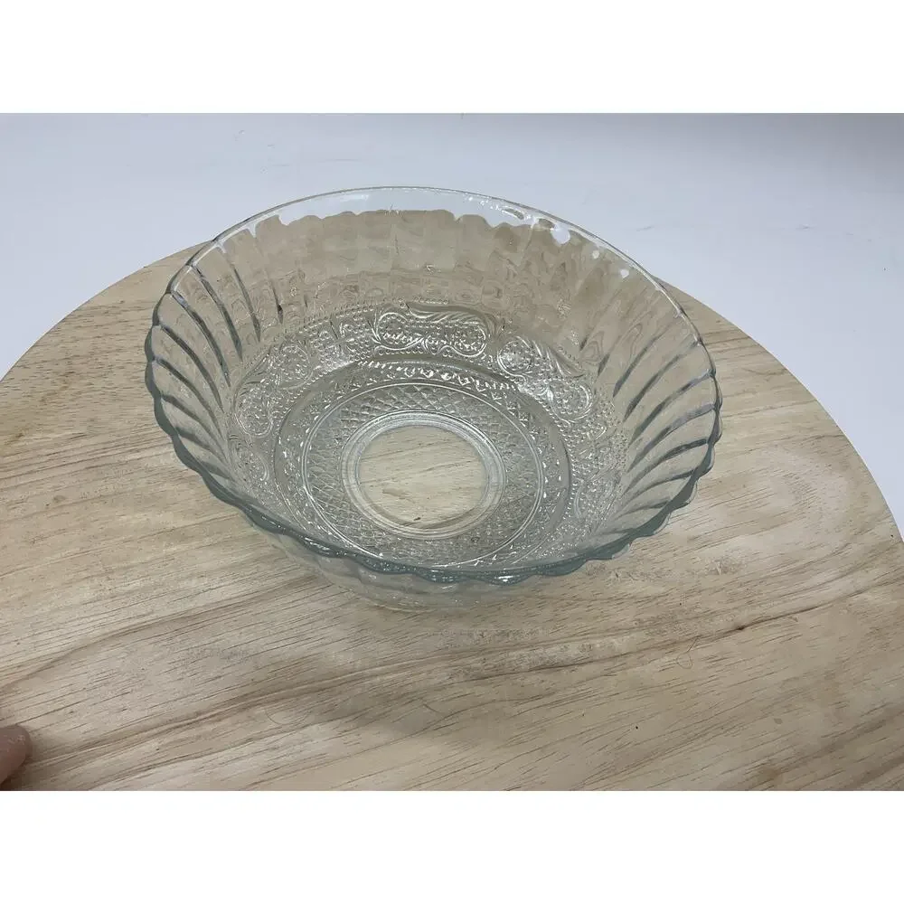 Clear Glass Serving Bowl Round Geometric Pressed Pattern Kitchen Decor‎ Tabletop